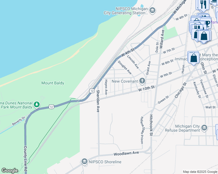 map of restaurants, bars, coffee shops, grocery stores, and more near 442 Hayes Avenue in Michigan City