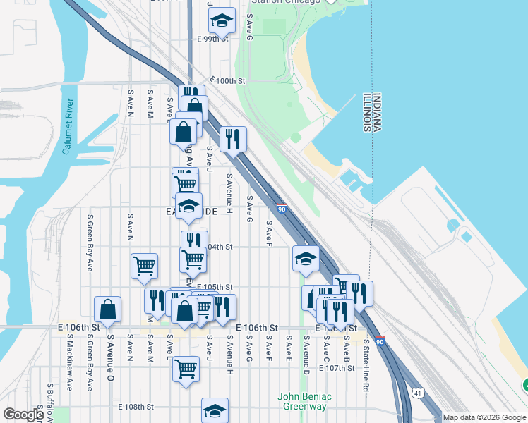 map of restaurants, bars, coffee shops, grocery stores, and more near 10324 South Avenue F in Chicago