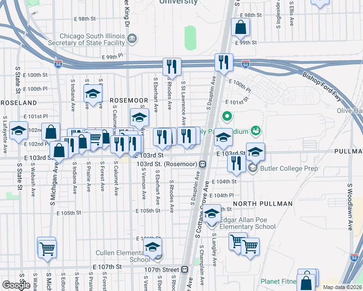 map of restaurants, bars, coffee shops, grocery stores, and more near 559 East 103rd Street in Chicago