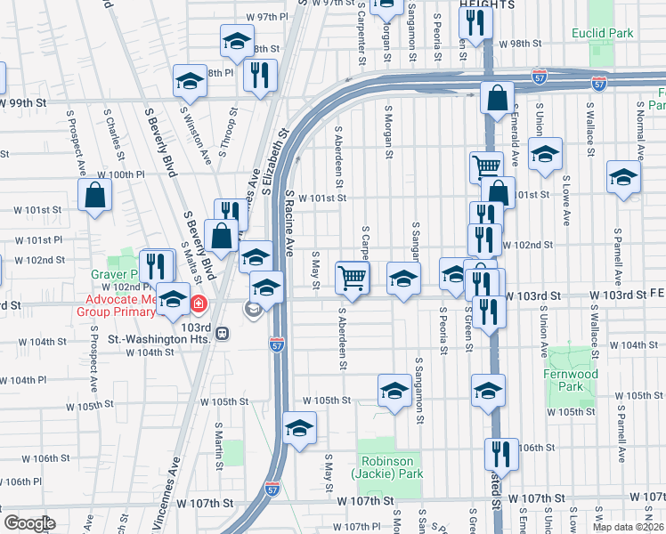 map of restaurants, bars, coffee shops, grocery stores, and more near 10239 South May Street in Chicago