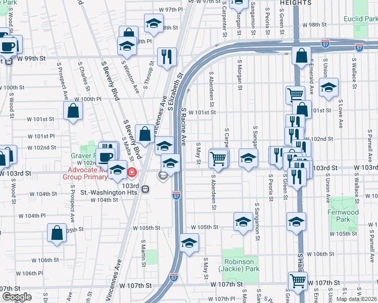 map of restaurants, bars, coffee shops, grocery stores, and more near 10237 South Racine Avenue in Chicago