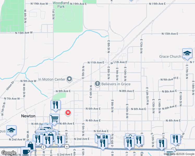map of restaurants, bars, coffee shops, grocery stores, and more near 830 East 6th Street North in Newton