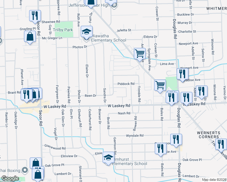 map of restaurants, bars, coffee shops, grocery stores, and more near 5048 Breezeway Drive in Toledo