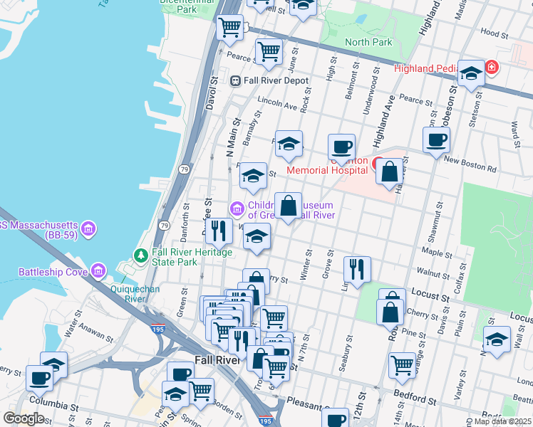 map of restaurants, bars, coffee shops, grocery stores, and more near 450 Rock Street in Fall River