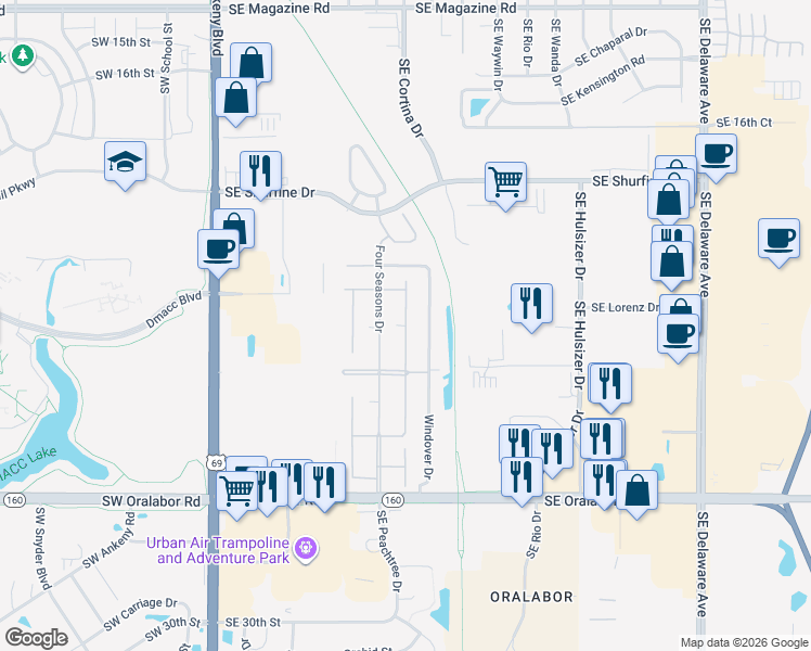 map of restaurants, bars, coffee shops, grocery stores, and more near 2200 Winter Park Drive in Ankeny