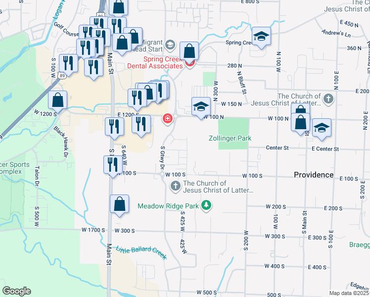 map of restaurants, bars, coffee shops, grocery stores, and more near 415 West 15 South in Providence