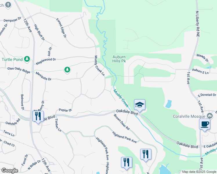 map of restaurants, bars, coffee shops, grocery stores, and more near 2451 Muddy Creek Lane in Coralville