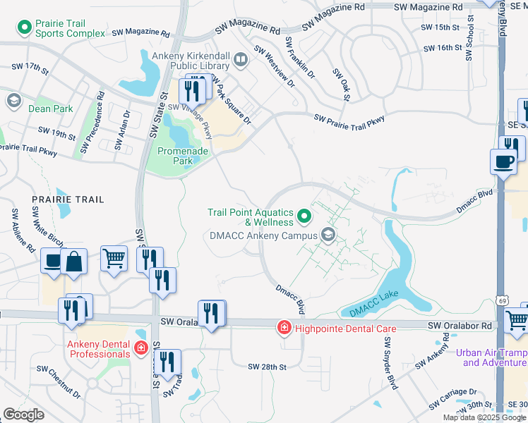 map of restaurants, bars, coffee shops, grocery stores, and more near 2220 Dmacc Boulevard in Ankeny