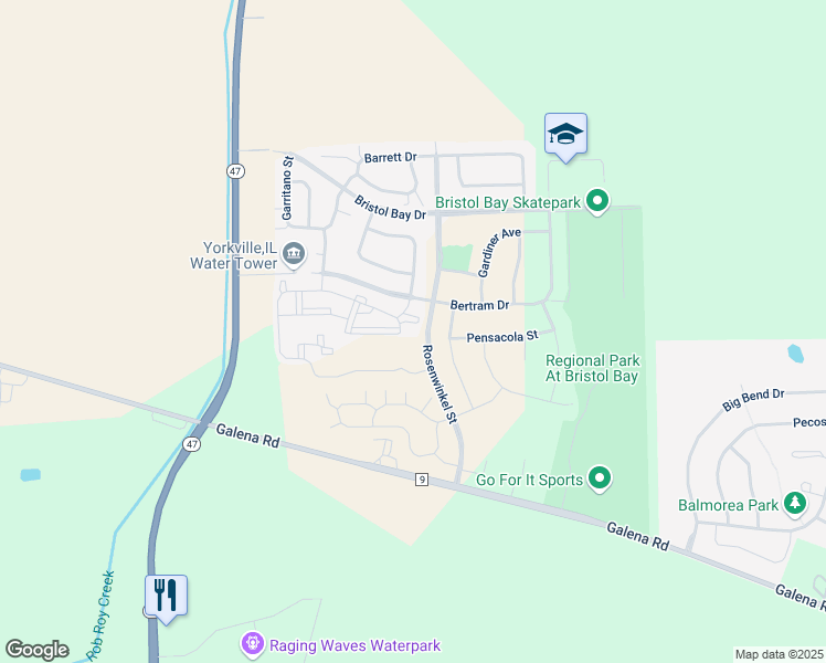 map of restaurants, bars, coffee shops, grocery stores, and more near 236 Bertram Drive in Yorkville