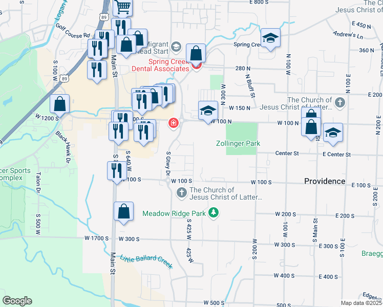 map of restaurants, bars, coffee shops, grocery stores, and more near 415 West 15 South in Providence