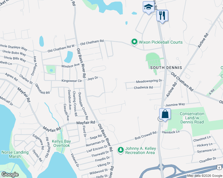 map of restaurants, bars, coffee shops, grocery stores, and more near 51 Asack Drive in Dennis