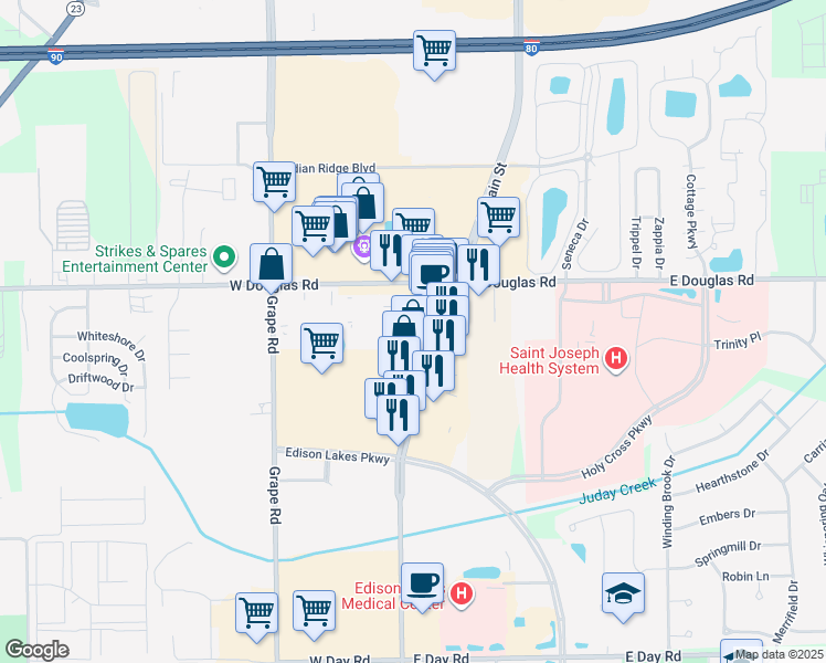 map of restaurants, bars, coffee shops, grocery stores, and more near 5225 North Main Street in Mishawaka