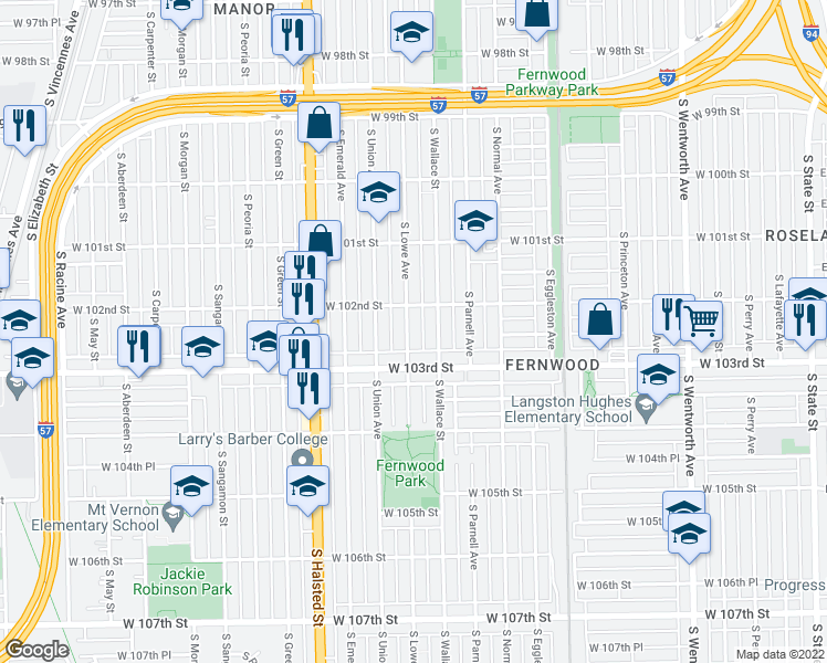 map of restaurants, bars, coffee shops, grocery stores, and more near 10223 South Lowe Avenue in Chicago