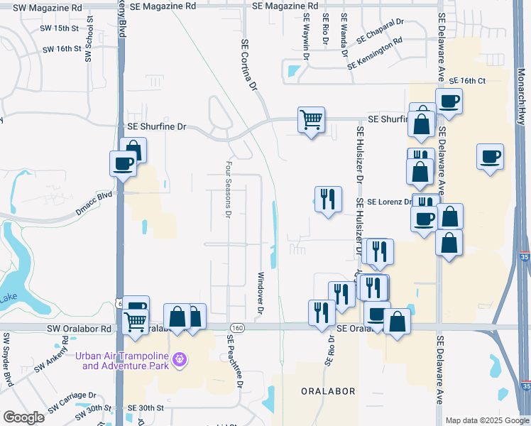 map of restaurants, bars, coffee shops, grocery stores, and more near 1961 Windover Drive in Ankeny