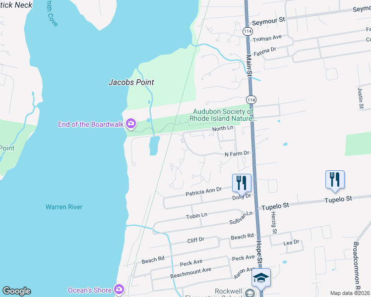 map of restaurants, bars, coffee shops, grocery stores, and more near 4 Sea Breeze Lane in Bristol