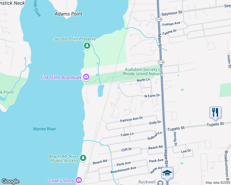 map of restaurants, bars, coffee shops, grocery stores, and more near 66 Sea Breeze Lane in Bristol