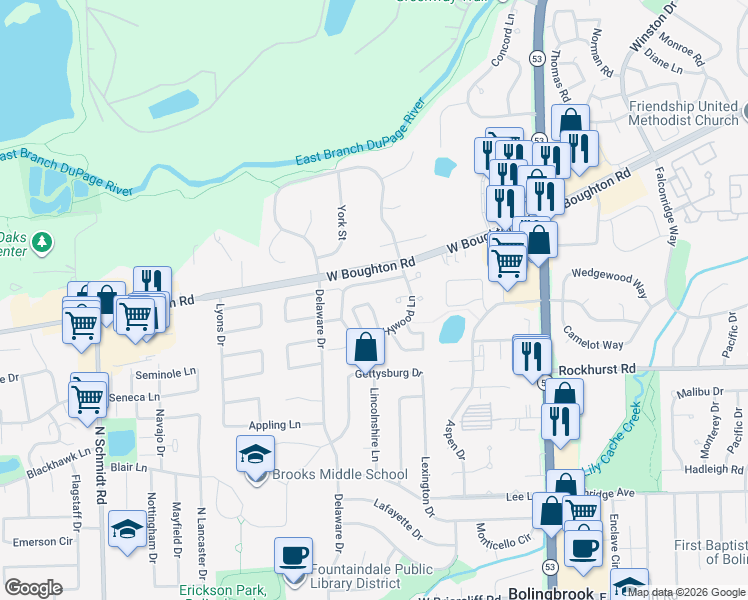 map of restaurants, bars, coffee shops, grocery stores, and more near 356 Kirkwood Circle in Bolingbrook
