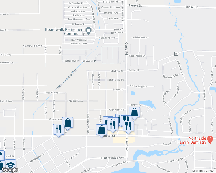 map of restaurants, bars, coffee shops, grocery stores, and more near 25147 Grover Street in Elkhart