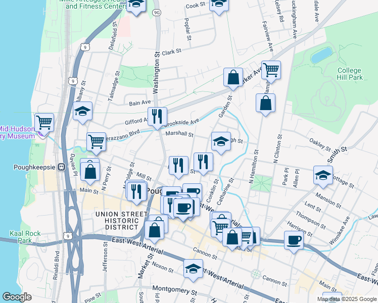 map of restaurants, bars, coffee shops, grocery stores, and more near 13 Balding Avenue in Poughkeepsie
