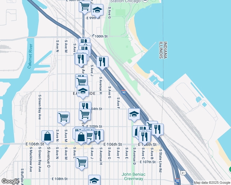 map of restaurants, bars, coffee shops, grocery stores, and more near 10324 South Avenue F in Chicago