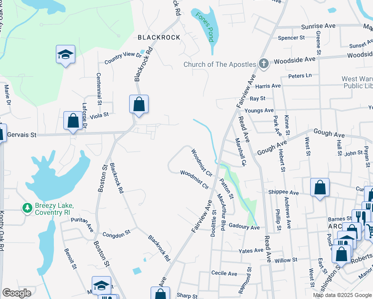 map of restaurants, bars, coffee shops, grocery stores, and more near 35 Woodmist Circle in Coventry