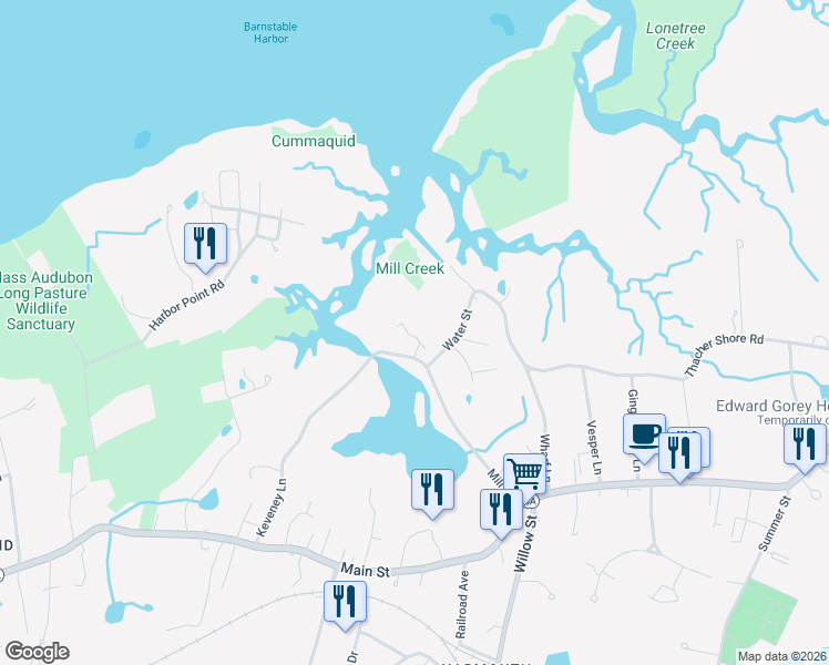 map of restaurants, bars, coffee shops, grocery stores, and more near 111 Water Street in Yarmouth