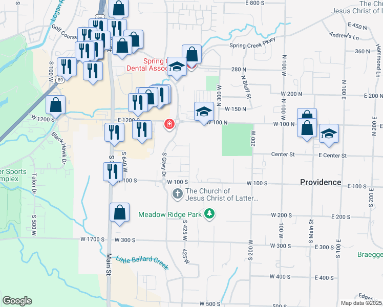map of restaurants, bars, coffee shops, grocery stores, and more near 375 West 100 South in Providence