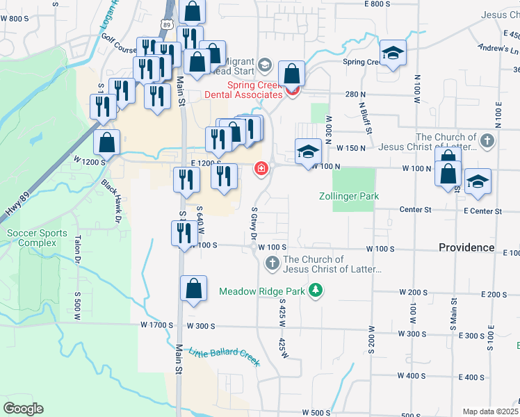 map of restaurants, bars, coffee shops, grocery stores, and more near 448 West 85 South in Providence