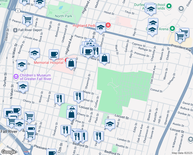 map of restaurants, bars, coffee shops, grocery stores, and more near 762 Prospect Street in Fall River