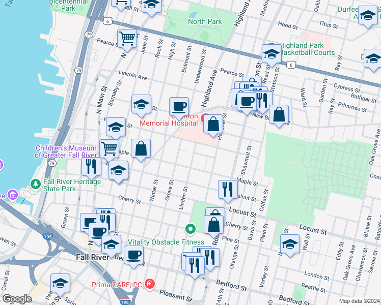 map of restaurants, bars, coffee shops, grocery stores, and more near 435 Linden Street in Fall River