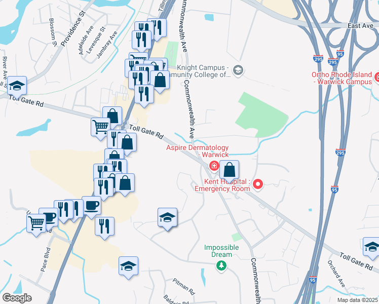 map of restaurants, bars, coffee shops, grocery stores, and more near in Warwick