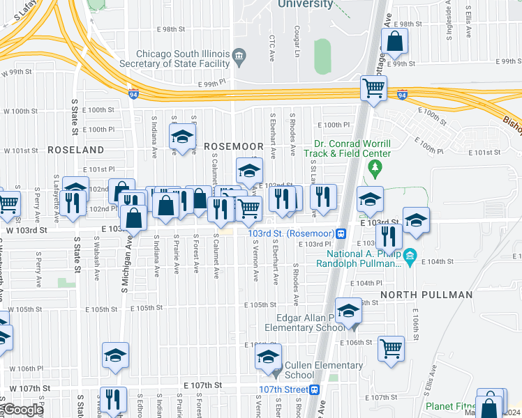 map of restaurants, bars, coffee shops, grocery stores, and more near 448 East 103rd Street in Chicago