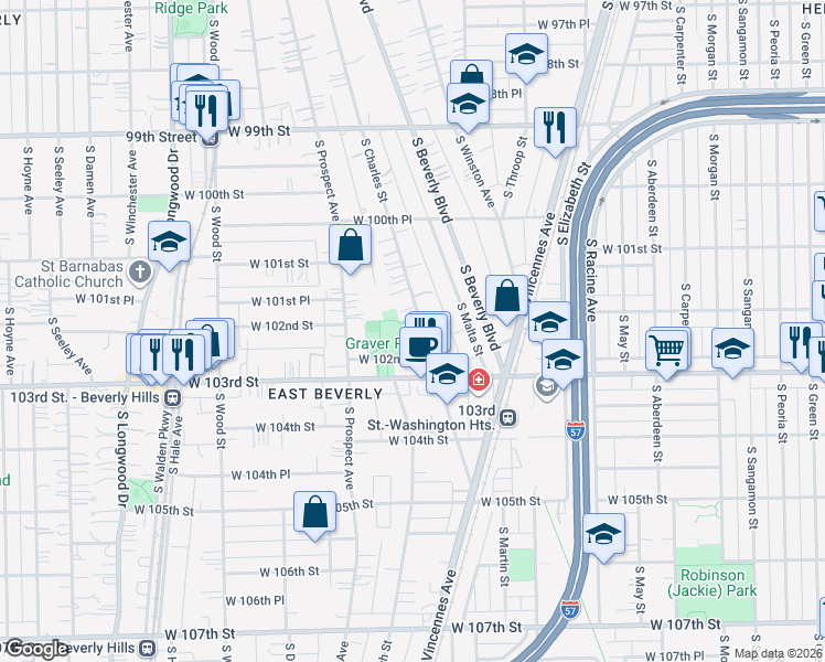 map of restaurants, bars, coffee shops, grocery stores, and more near 1518 West 102nd Place in Chicago