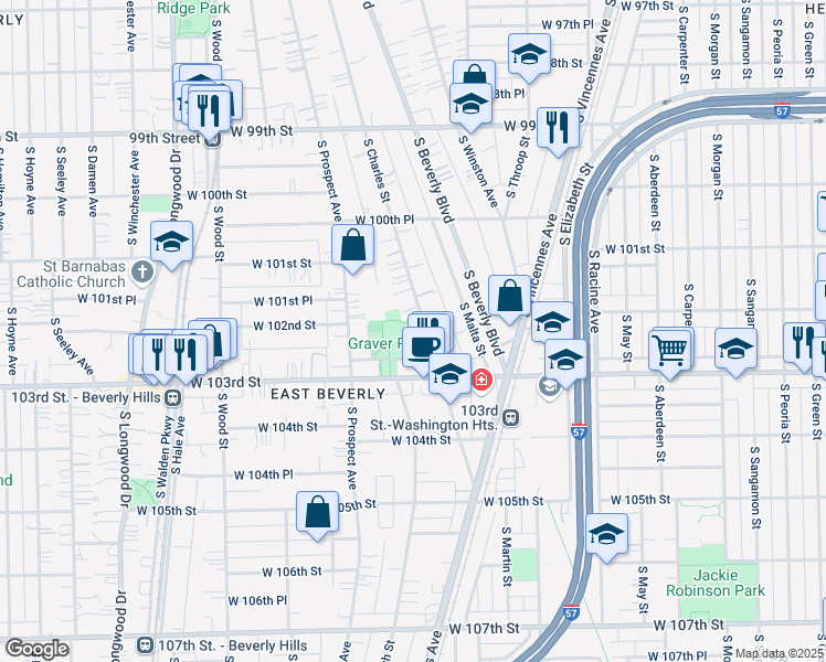 map of restaurants, bars, coffee shops, grocery stores, and more near 1518 West 102nd Place in Chicago
