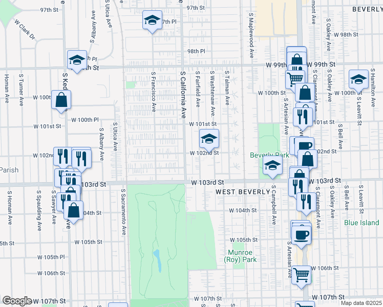 map of restaurants, bars, coffee shops, grocery stores, and more near 10217 South California Avenue in Chicago