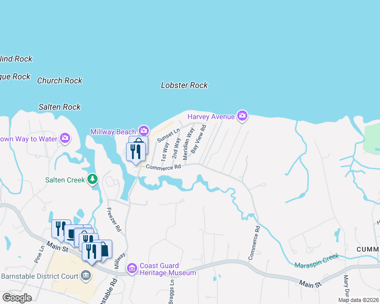 map of restaurants, bars, coffee shops, grocery stores, and more near 25 Merchants Way in Barnstable