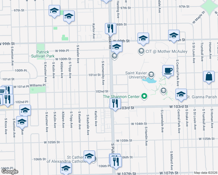 map of restaurants, bars, coffee shops, grocery stores, and more near 10136 South Pulaski Road in Oak Lawn