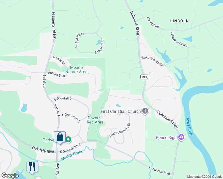 map of restaurants, bars, coffee shops, grocery stores, and more near 405 Breconshire Lane in Coralville