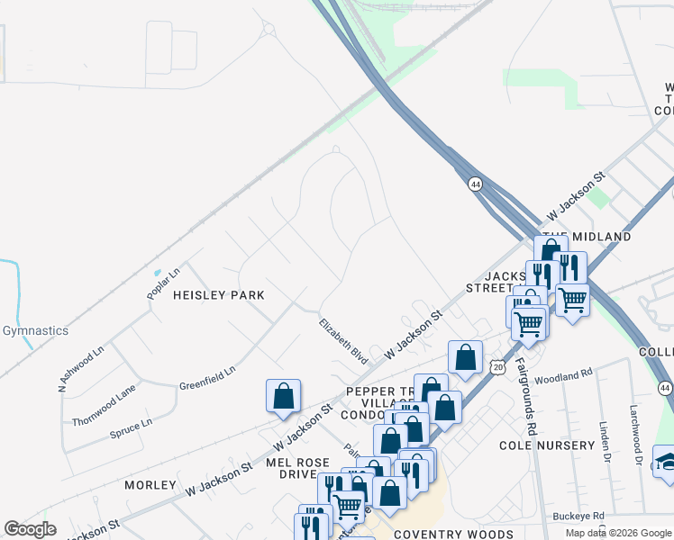 map of restaurants, bars, coffee shops, grocery stores, and more near 1386 Elizabeth Boulevard in Painesville