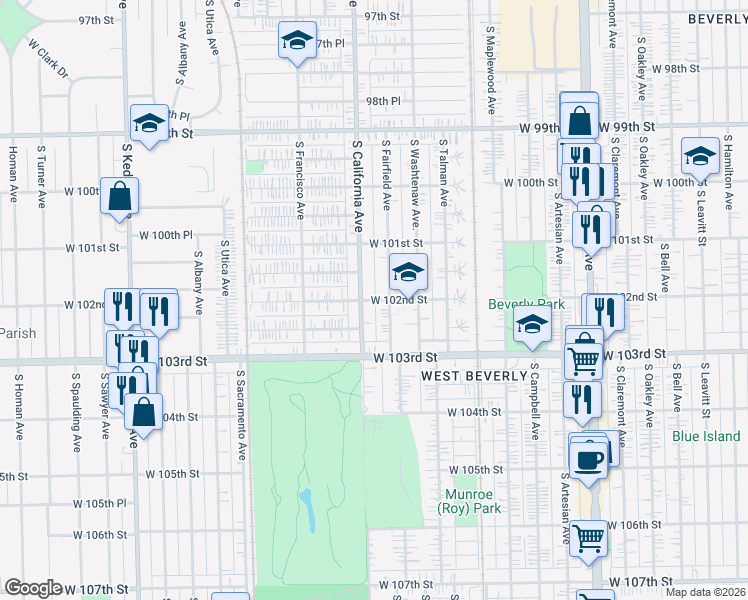 map of restaurants, bars, coffee shops, grocery stores, and more near 10217 South California Avenue in Chicago