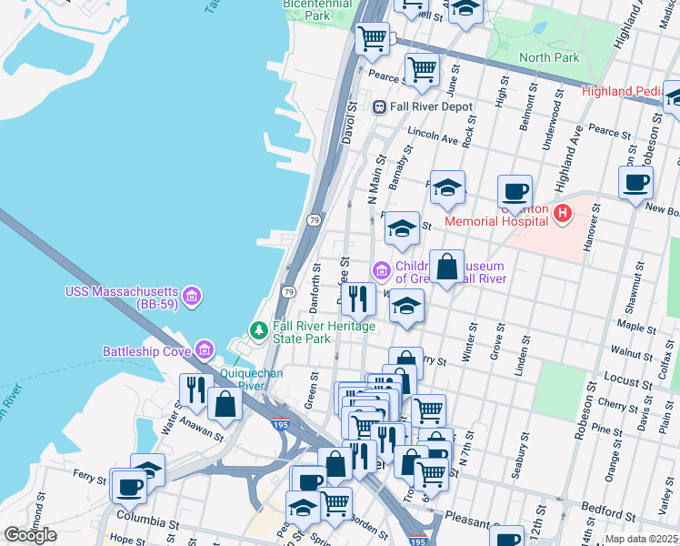 map of restaurants, bars, coffee shops, grocery stores, and more near 406 Durfee Street in Fall River