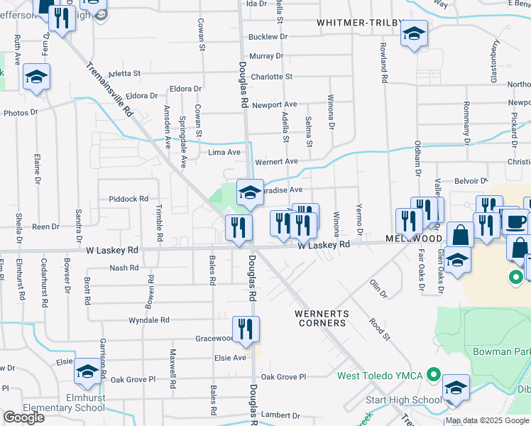 map of restaurants, bars, coffee shops, grocery stores, and more near 5050 Douglas Road in Toledo