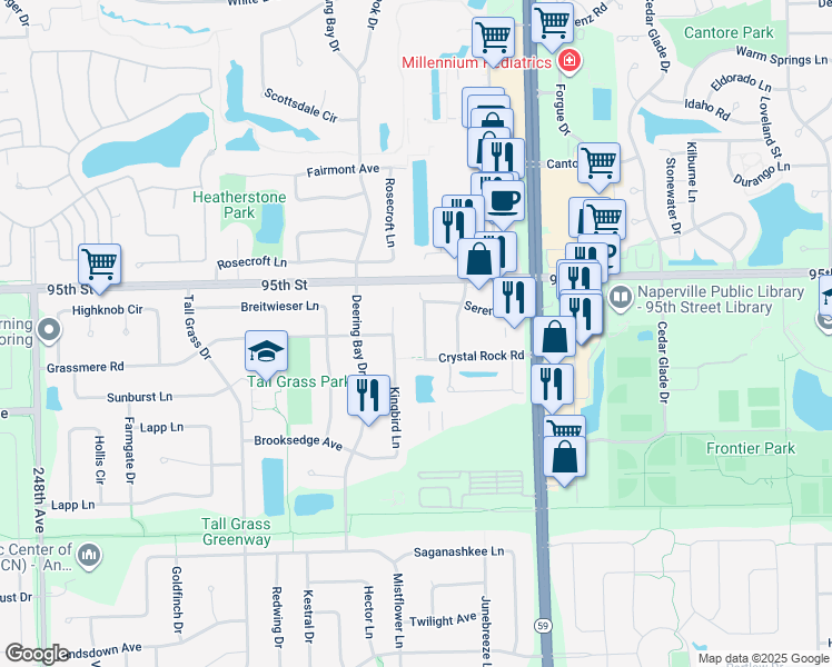 map of restaurants, bars, coffee shops, grocery stores, and more near 3075 Serenity Lane in Naperville