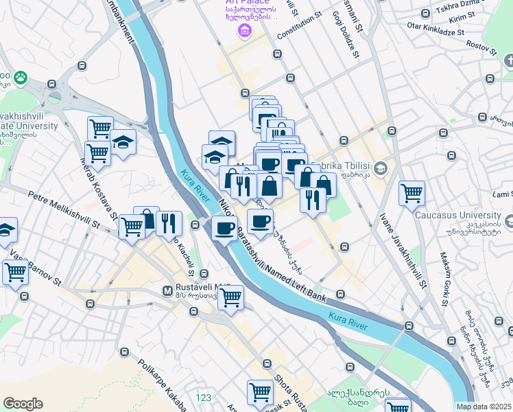 map of restaurants, bars, coffee shops, grocery stores, and more near 7 Kote Marjanishvili Street in Tbilisi