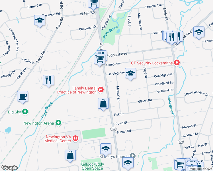 map of restaurants, bars, coffee shops, grocery stores, and more near 424 Willard Avenue in Newington