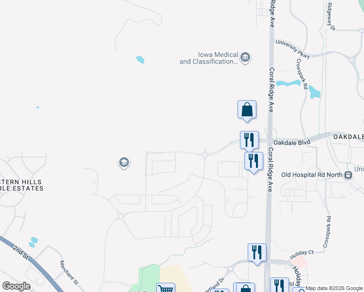 map of restaurants, bars, coffee shops, grocery stores, and more near 2498 27th Avenue in Coralville