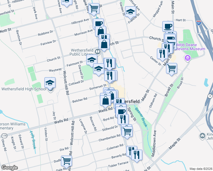 map of restaurants, bars, coffee shops, grocery stores, and more near 120 Belcher Road in Wethersfield