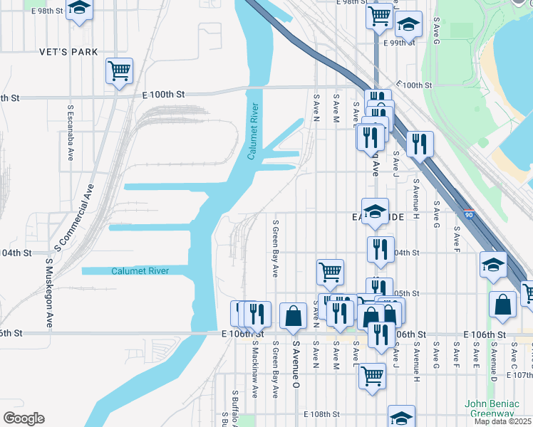 map of restaurants, bars, coffee shops, grocery stores, and more near E 103rd St & S Calumet River St in Chicago