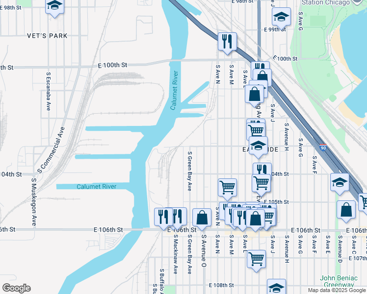map of restaurants, bars, coffee shops, grocery stores, and more near E 103rd St & S Calumet River St in Chicago