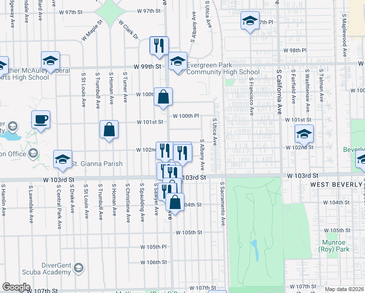 map of restaurants, bars, coffee shops, grocery stores, and more near 3149 West 102nd Street in Evergreen Park